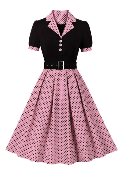 Damen neue Mode Polka Dot Revers Kurzarm Gürtel schlankes Kleid 