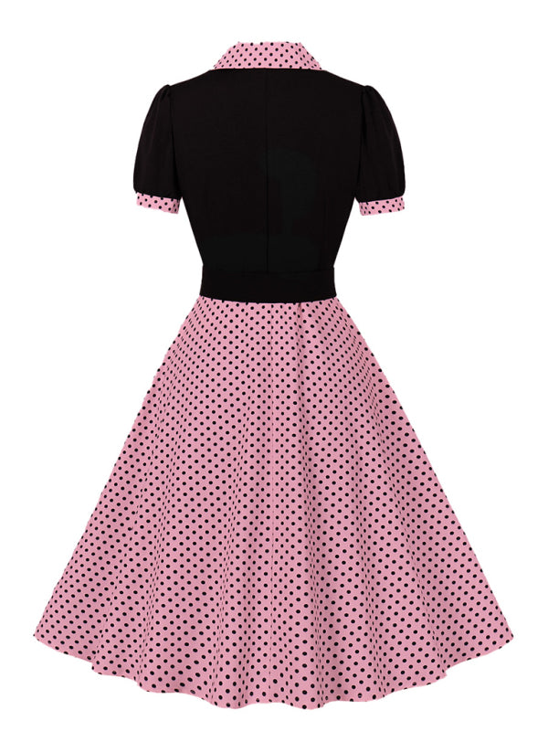 Damen neue Mode Polka Dot Revers Kurzarm Gürtel schlankes Kleid 