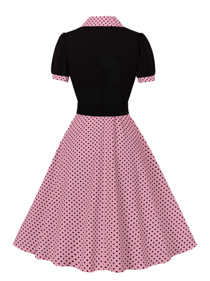 Ladies new fashion polka dot lapel short sleeve belt slim dress