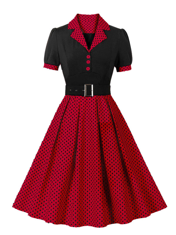 Damen neue Mode Polka Dot Revers Kurzarm Gürtel schlankes Kleid 