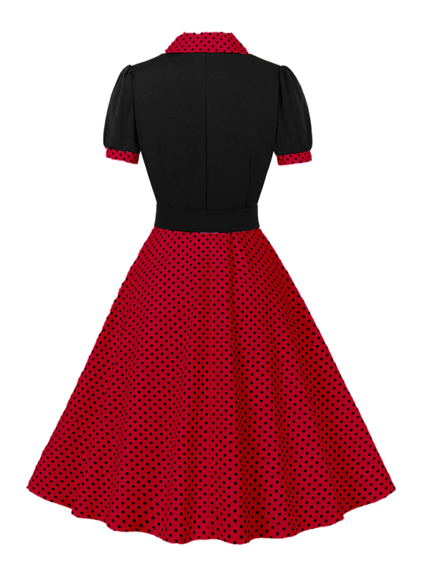 Damen neue Mode Polka Dot Revers Kurzarm Gürtel schlankes Kleid 