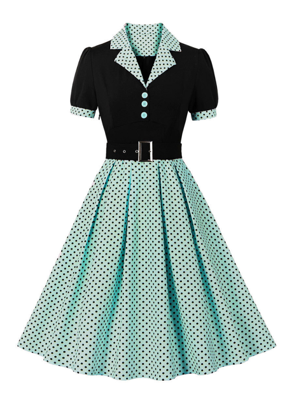 Damen neue Mode Polka Dot Revers Kurzarm Gürtel schlankes Kleid
