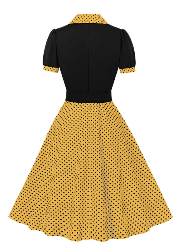 Damen neue Mode Polka Dot Revers Kurzarm Gürtel schlankes Kleid 