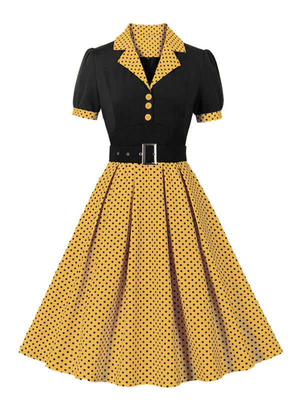 Damen neue Mode Polka Dot Revers Kurzarm Gürtel schlankes Kleid 