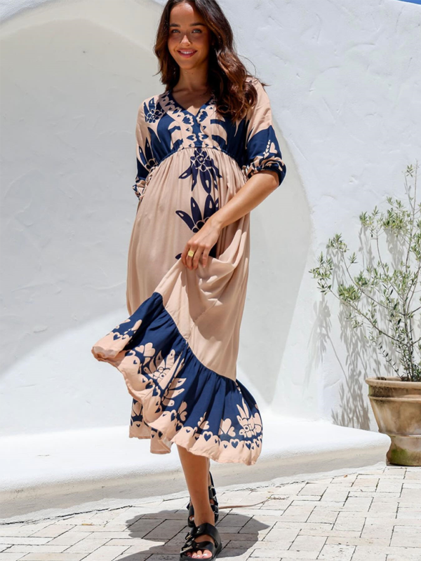 Bedrucktes Kleid mit Kordelzug für Damen, Halbarm, modisch, lockeres Freizeitkleid