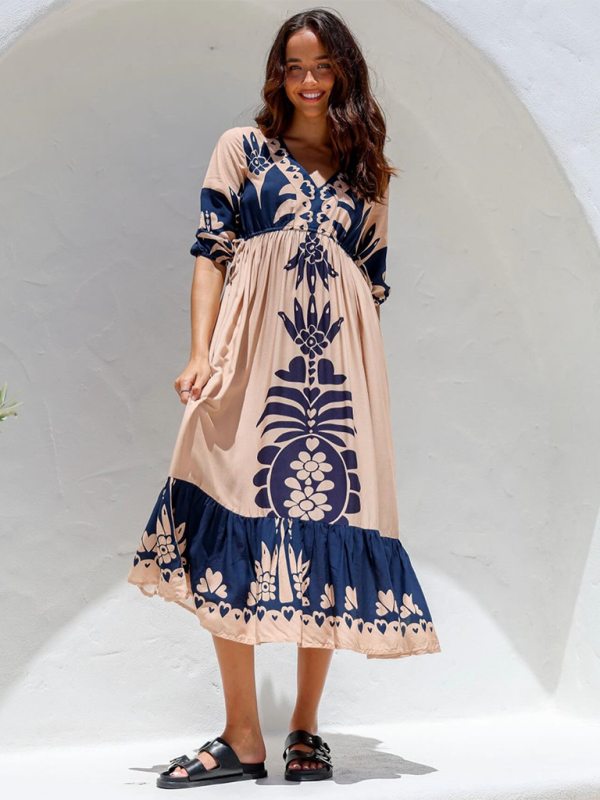 Bedrucktes Kleid mit Kordelzug für Damen, Halbarm, modisch, lockeres Freizeitkleid