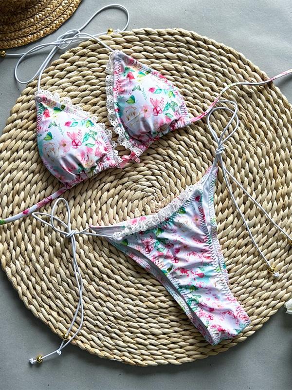 Damen Bikini neuer zweiteiliger Badeanzug mit Blumendruck und Schnürung 