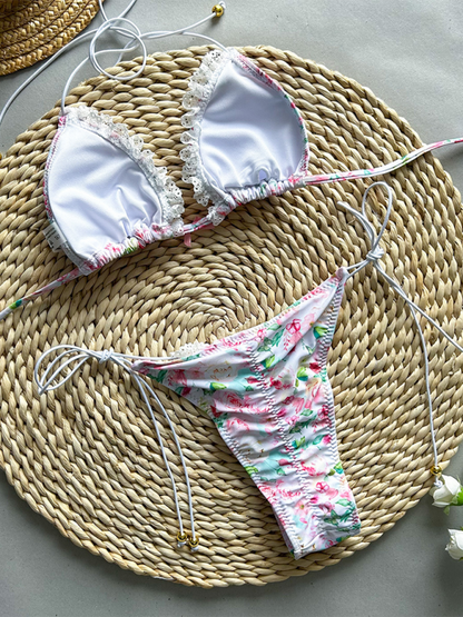 Damen Bikini neuer zweiteiliger Badeanzug mit Blumendruck und Schnürung 