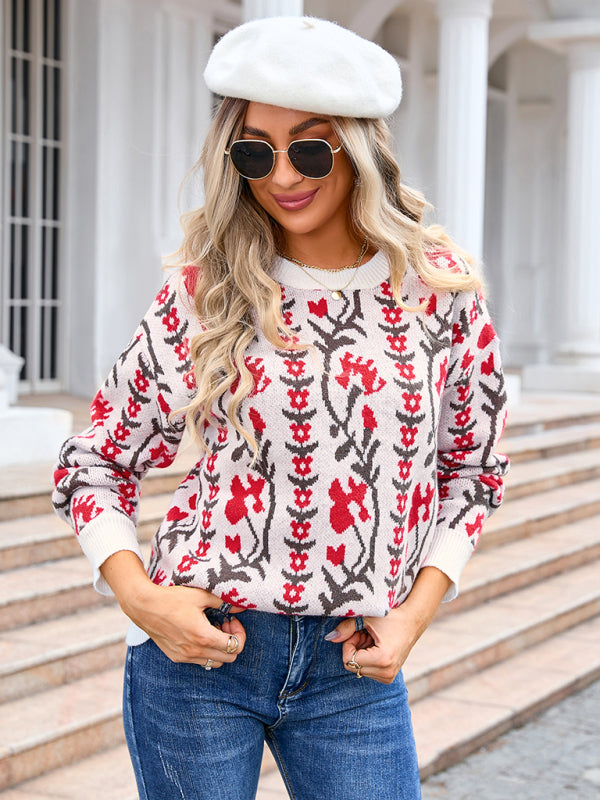 Ladies new jacquard branch round neck flower knitted fashion sweater