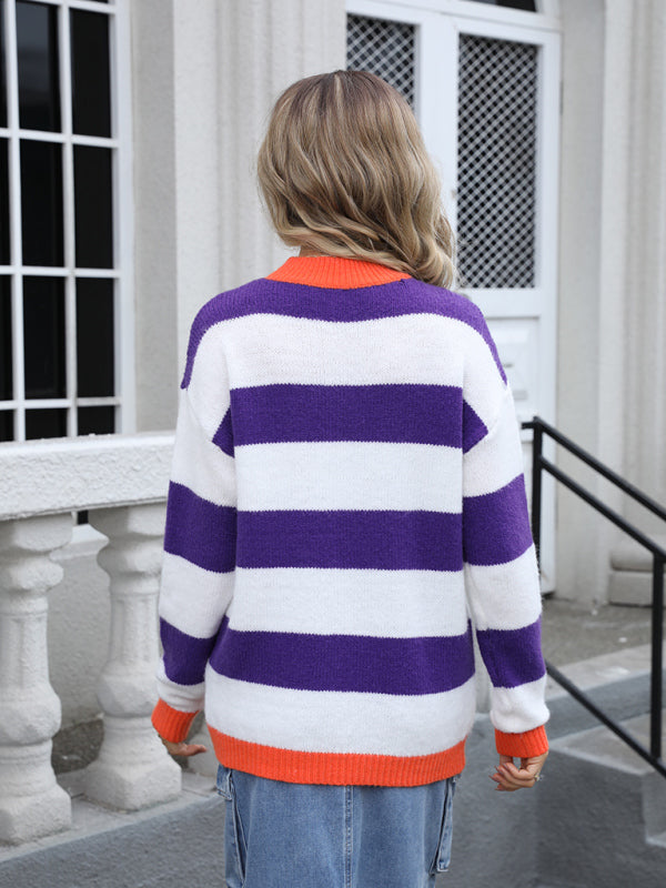 Ladies new round neck long sleeve striped sweater