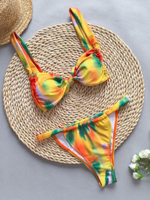 Modischer Bikini mit Riemchen und Blumendruck in Volltonfarbe für Damen 