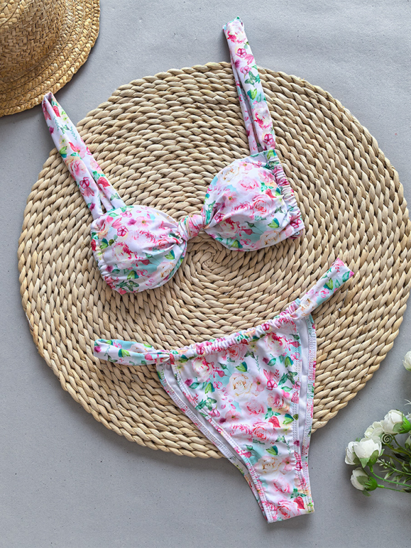 Modischer Bikini mit Riemchen und Blumendruck in Volltonfarbe für Damen 