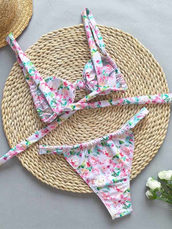 Modischer Bikini mit Riemchen und Blumendruck in Volltonfarbe für Damen