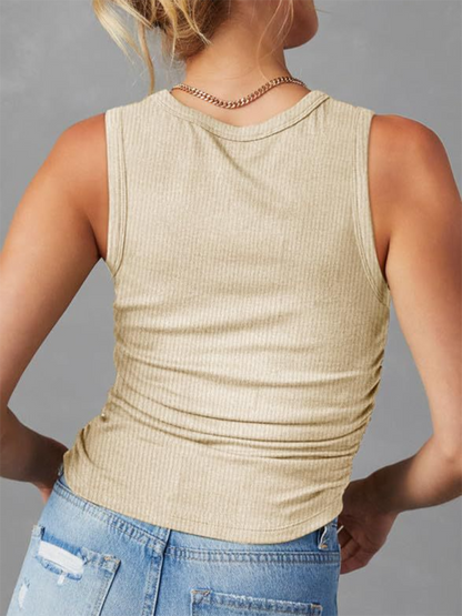 New Sleeveless Knitted Slim Side Pleats Solid Color Round Neck Vest