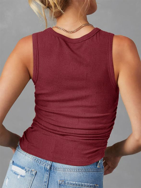 New Sleeveless Knitted Slim Side Pleats Solid Color Round Neck Vest