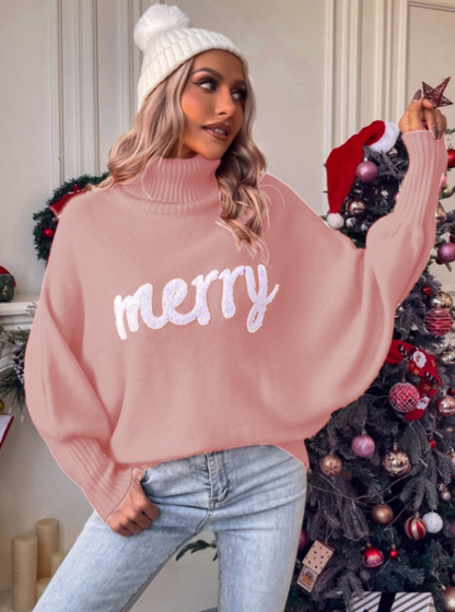 Christmas Autumn and Winter High Neck Loose Dolman Sleeve Letter Knitted Sweater Women&