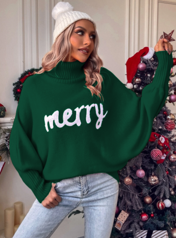 Christmas Autumn and Winter High Neck Loose Dolman Sleeve Letter Knitted Sweater Women&