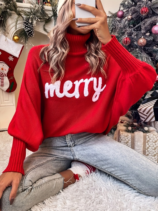 Christmas Autumn and Winter High Neck Loose Dolman Sleeve Letter Knitted Sweater Women&