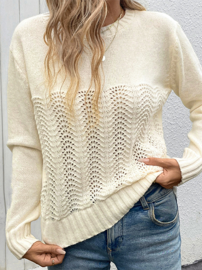 New Simple Round Neck Long Sleeve Hollow Sweater