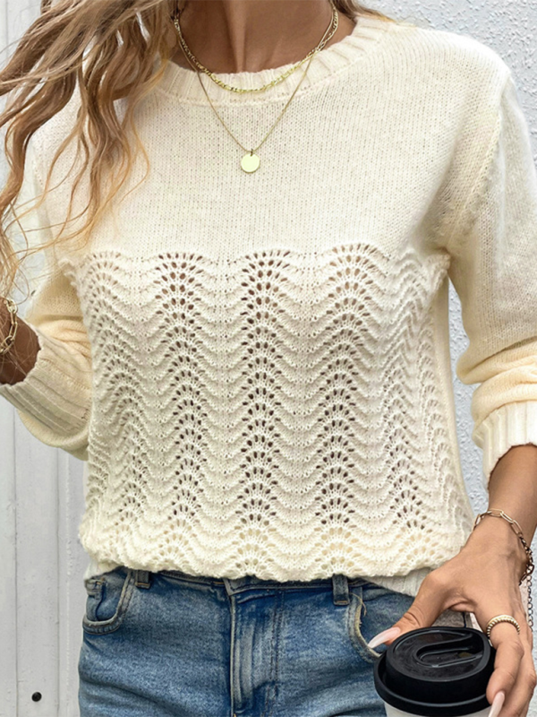 New Simple Round Neck Long Sleeve Hollow Sweater