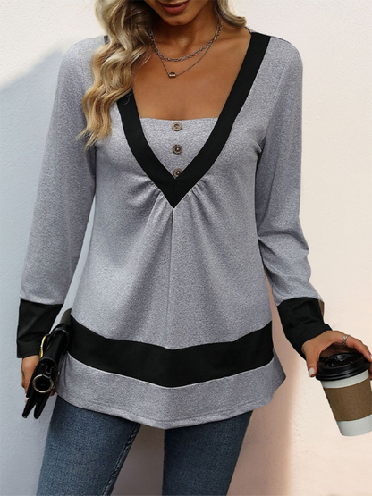 New simple solid color long-sleeved T-shirt color matching contrast casual home tops