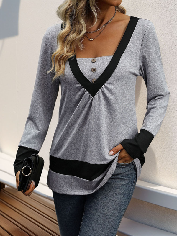 New simple solid color long-sleeved T-shirt color matching contrast casual home tops