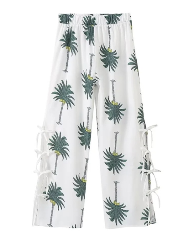 Neues Damen-Set mit V-Ausschnitt und ärmellosem Oberteil und Hose im Urlaubs-Look mit Kokosnussbaum-Print 