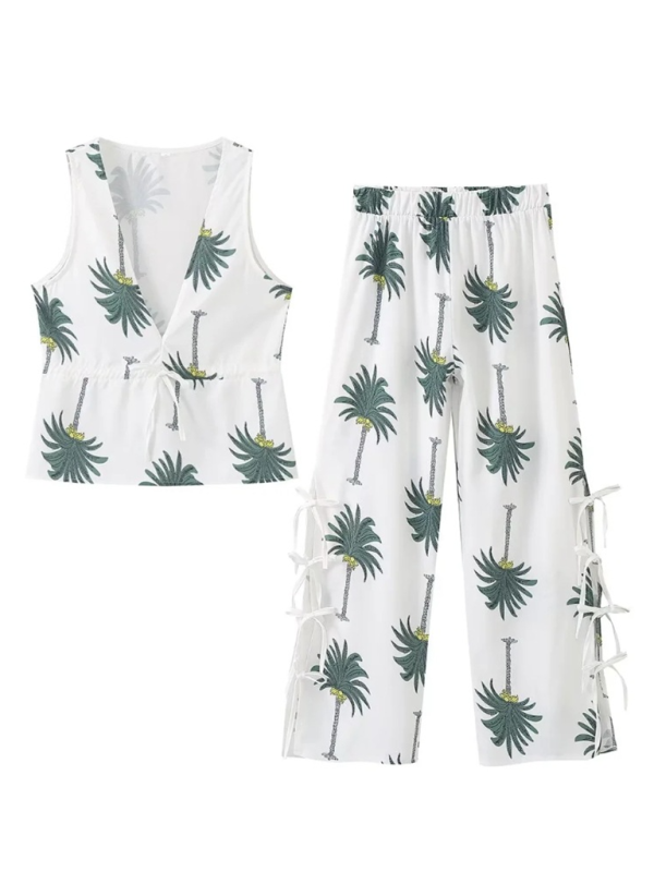 Neues Damen-Set mit V-Ausschnitt und ärmellosem Oberteil und Hose im Urlaubs-Look mit Kokosnussbaum-Print 