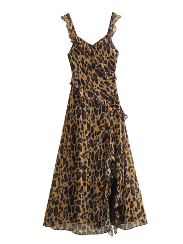 New Ruffled Animal Print Fitted Sling A-Line Dress