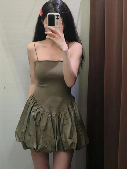 New casual sexy suspender splicing puffy dress