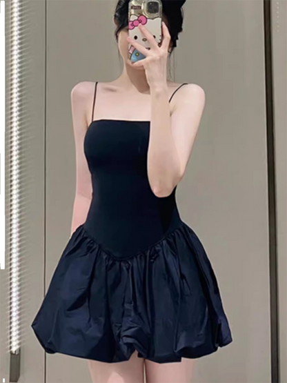 New casual sexy suspender splicing puffy dress