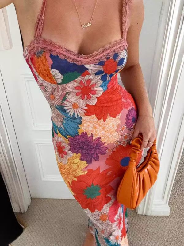 New Fashion Casual One-shoulder Flower Printed Suspender Dress