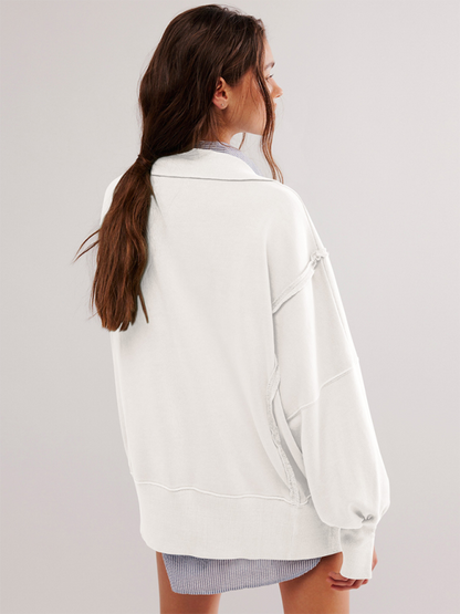 Damen Sweatshirt mit Laternenärmeln, dekorativen Linien, geteiltem Revers und lockerem Schnitt 