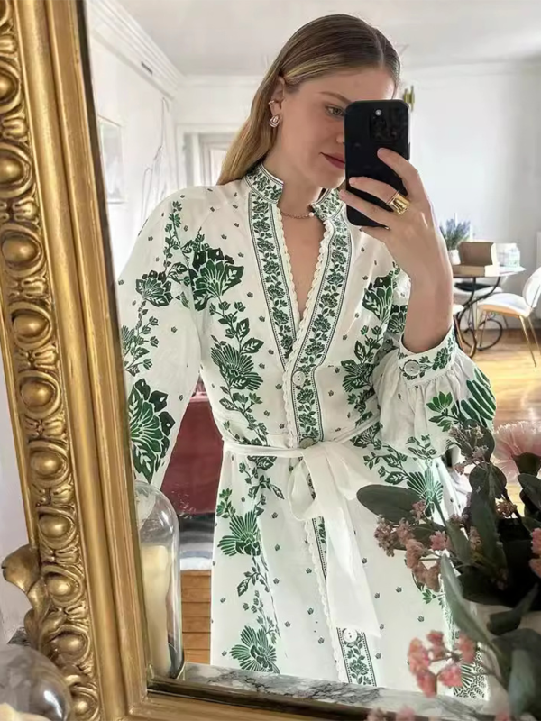 Damen Neues Modisches Kleid mit V-Ausschnitt und langen Ärmeln
