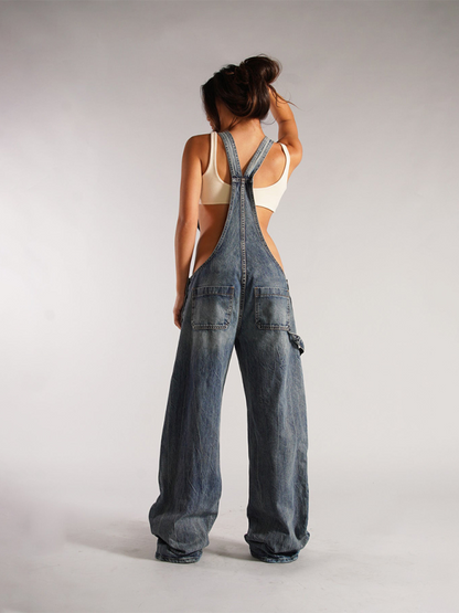 Damen Neue lockere, lässige Jeans-Overalls mit weitem Bein und Taschen 