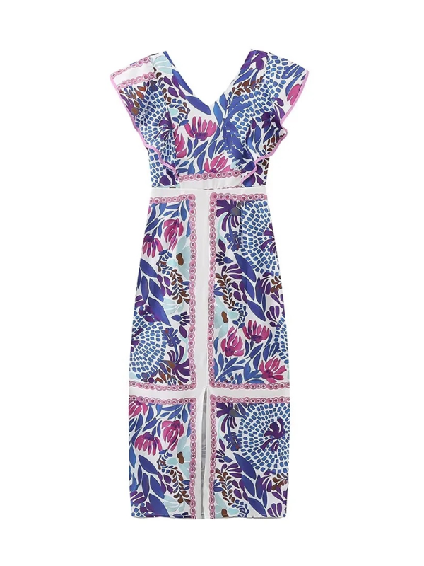 New V-neck ruffled backless printed dress