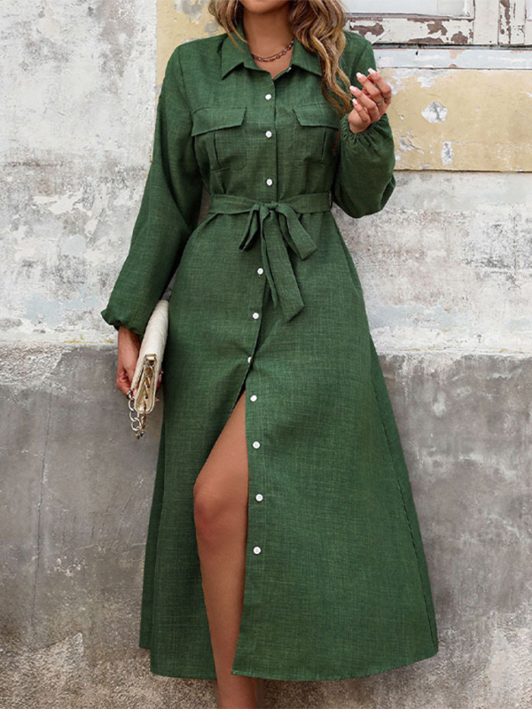 Neues, langärmliges, einfarbiges Kleid mit Revers in Grün