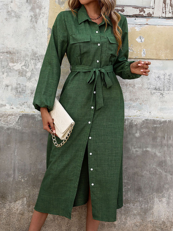 Neues, langärmliges, einfarbiges Kleid mit Revers in Grün