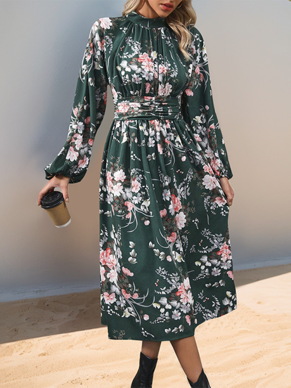 Neues, elegantes Kleid mit Retro-Print und hoher Taille und langen Ärmeln 