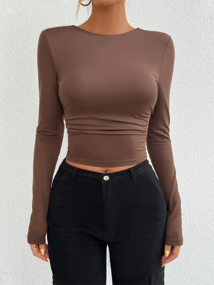 Slim Fit Open Back Crew Neck Knit Long Sleeve Top