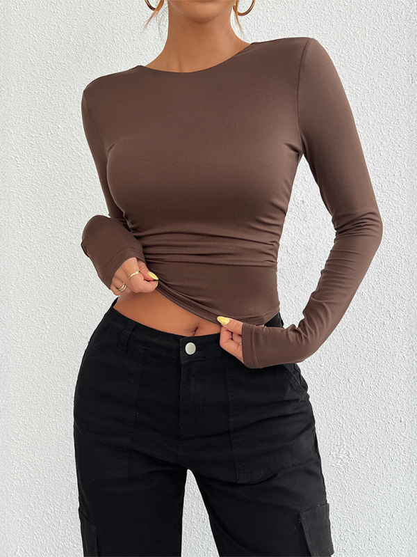 Slim Fit Open Back Crew Neck Knit Long Sleeve Top