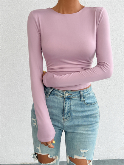 Slim Fit Open Back Crew Neck Knit Long Sleeve Top