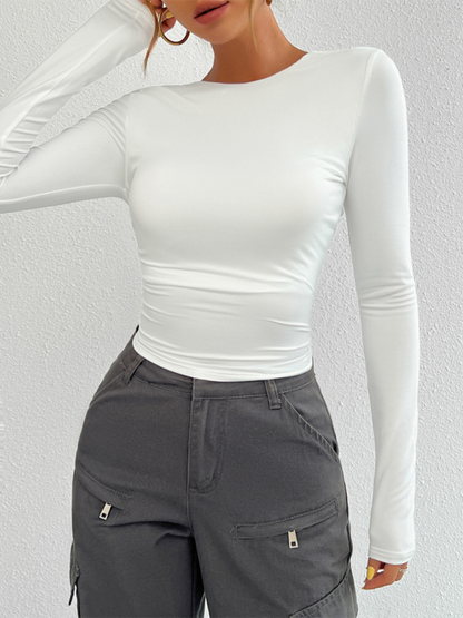 Slim Fit Open Back Crew Neck Knit Long Sleeve Top