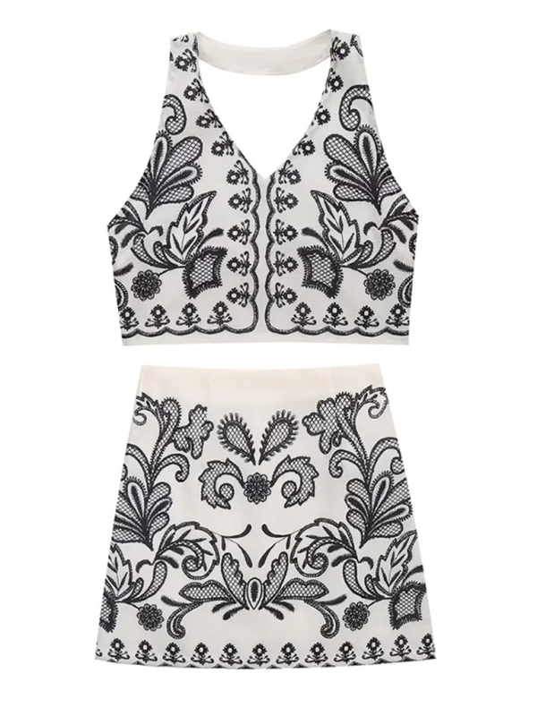 Ladies New Casual Printed Halter Top + Mini Skirt Set