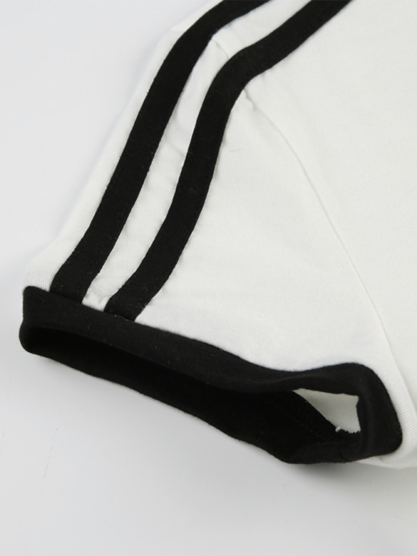 Simple basic contrast stripes stitching embroidered small bow slim round neck short sleeve T-shirt