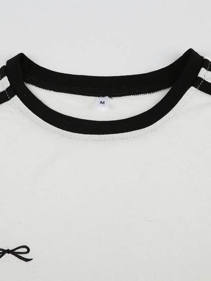 Simple basic contrast stripes stitching embroidered small bow slim round neck short sleeve T-shirt