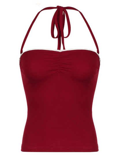 Neckline lace stitching small pleats halter neck tie red tube top vest