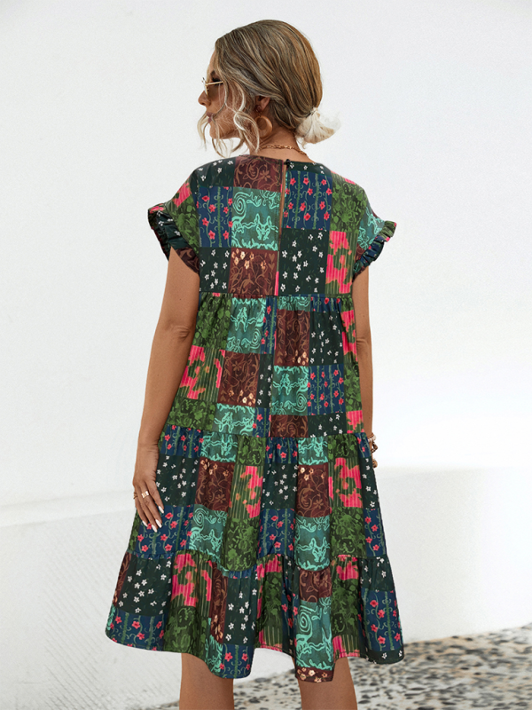 Neues lockeres, gerafftes A-Linien-Kleid für Damen mit Print 