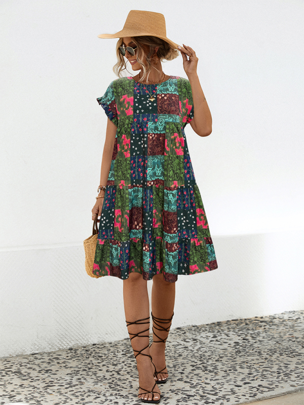 Ladies new loose gathered printed A-line dress