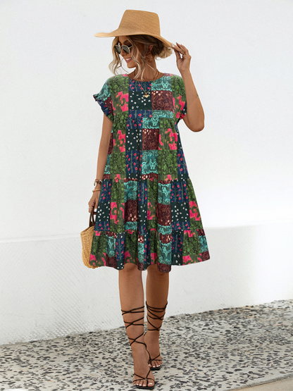 Ladies new loose gathered printed A-line dress